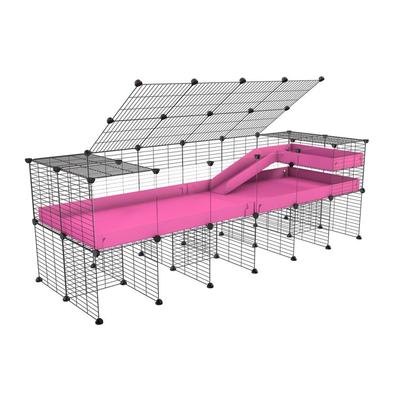 une cavy cage 6x2 avec panneaux transparents en plexiglass  pour cochons d'inde avec rehausseur couvercle loft rampe coroplast rose et grilles fines de kavee france