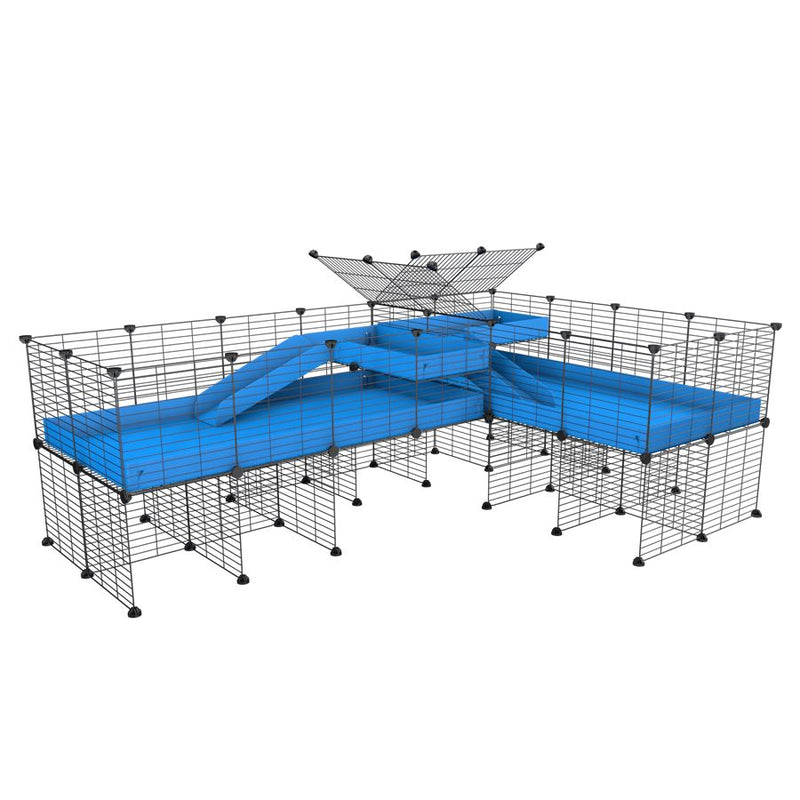 une cavy cage 8x2 de coin avec stand et loft avec separation pour cochons d'inde qui se battent ou en quarantaine avec coroplast bleu kavee